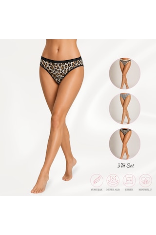 Tutku Kadın Leopar Desenli Pamuklu Külot 3 Lü Set Esnek Rahat Slip Çok Renkli