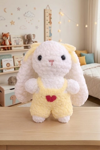 Amigurumi Kadife Örgü Küçük Boy Oyuncak Tavşan Beyaz Boy 20 Cm En 15 Cm Kulak 13 Cm - Sarı