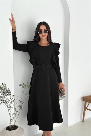 Neşeli Butik Kadın Kol Fırfırlı Kemerli Midi Boy Elbise Nbk4309 Siyah