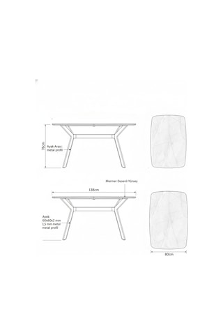 Dikdörtgen Mermer Desenli Yemek Masası Gri Siyah 138x80x76 Cm Atlantik - Çam