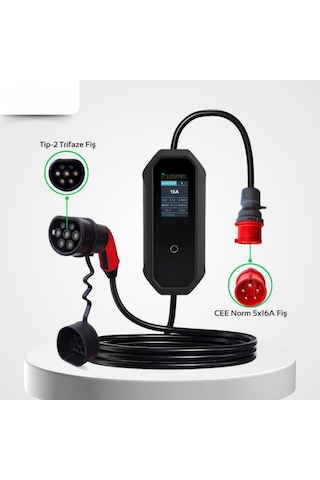 Coswatt Elektrikli Araç Taşınabilir Şarj Cihazı 11 Kw 16a Tip-2 5x16a 10 metre Kablo Türkçe Menü Çanta 11 Kw