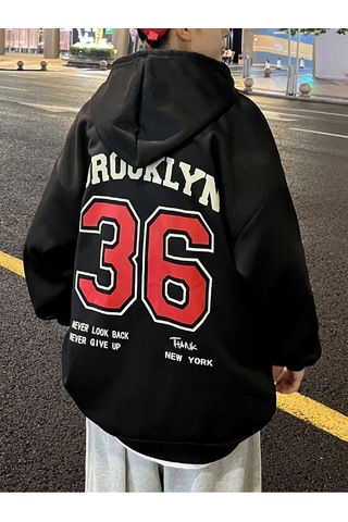 Unisex Oversize Brooklyn 36 Baskılı Kapüşonlu Sweatshirt Siyah