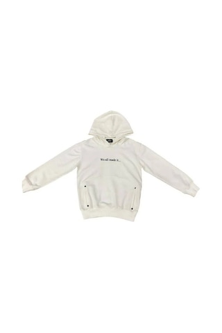 Çocuk Kapüşonlu We All Yazılı Pamuklu Sweatshirt-14695 Ekru