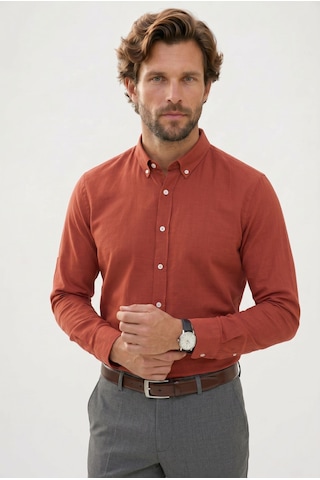 Tudors Erkek Slim Fit Dar Kesim %100 Pamuk Düğmeli Yaka Flam Keten Turuncu Gömlek-50275