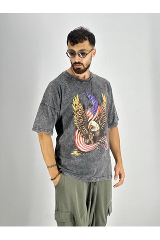 Cocopelli Erkek Yıkamalı Kumaş Baskılı T-shirt Coc2218 Koyu Gri