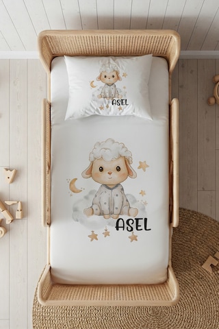 %100 Pamuk Saten İsme Özel İsimli 100x200 Tek Kişilik Lastikli Çarşaf Seti Kuzucuk Beyaz