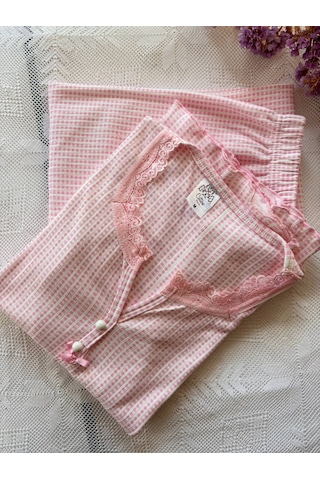 Dantel Yaka Detaylı Pamuklu Penye Kumaş Pijama Takımı Açık Pembe