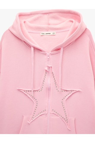 Koton Kapüşonlu Fermuarlı Yıldız İşleme Detaylı Oversize Taşlı Sweatshirt Pembe 6sal10341ık Gülkurusu