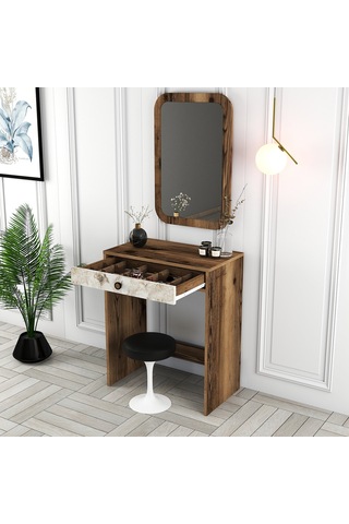 Lizbon Mini Makyaj Masası Aynalı - Ceviz / Beyaz Mermer
