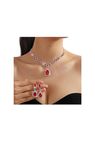 2 Adet/takım Kadınlar Düğün Takısı Seti Su Damlası Şekli Parlayan Sahte Kristal Gerdanlık Kolye Dangle Küpe Seti Kırmızı