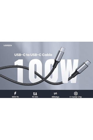 Ugreen Usb-c To Usb-c 100w 5a Qc Pd Örgülü Hızlı Şarj Kablosu 3 M Siyah