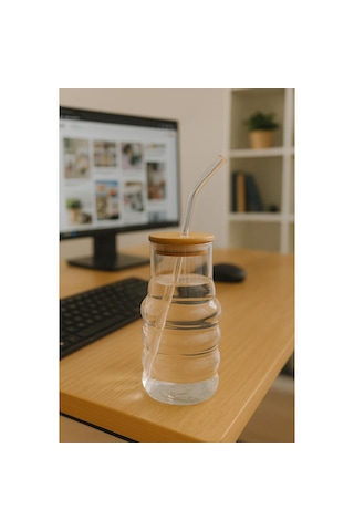 Bambu Kapaklı Motivasyon Cam Bardak / Suluk, 900 Ml, Pipet Hediyeli Şeffaf