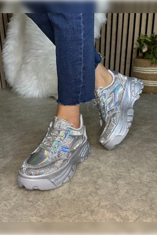 Günlük Kadın Sneaker Kalın Yüksek Taban Bağcıklı Rahat Tiger Şeritli Spor Ayakkabı 032 13 - Gümüş Holo