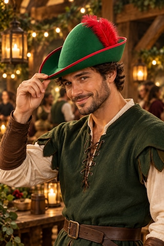 Yeşil Peter Pan Robin Hood Şapkası Kırmızı Tüylü Kenar Biyeli Parti Kostüm Sahne Aksesuarı