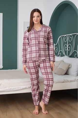Kadın Boydan Düğmeli Kırmızı Beyaz Kareli Pijama Takım Kırmızı