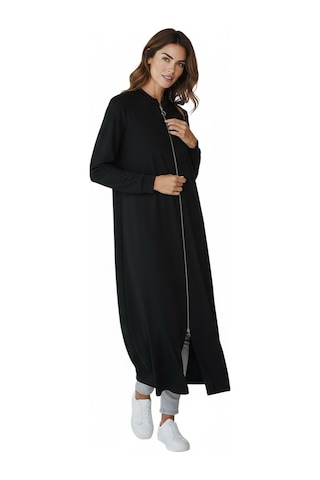 Kadın Önü Fermuarlı Kolu Manşetli Gizli Cepli Mevsimlik Kap Siyah