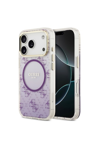 Apple Uyumlu iPhone 17 Pro Kılıf Guess Lisanslı M-safe Şarj Özellikli 4g Desenli Simli Silikon Kapak Mor Mor