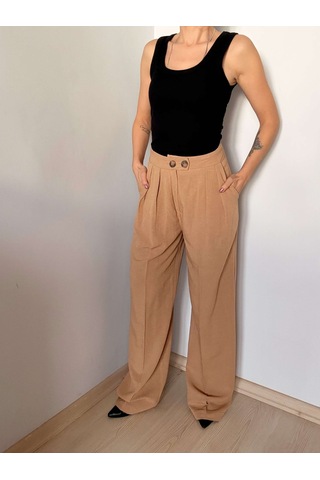 Camel Çift Pileli Keten Pantolon Camel