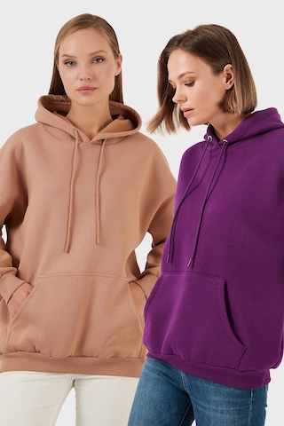 Lela Regular Fit Pamuklu Kapüşonlu Yaka Şardonlu Kışlık 2'Li Paket Bayan Sweat 5863854S2 Bisküvi-Mor