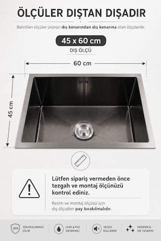 Inoxate Antrasit El Yapımı Paslanmaz Çelik Mutfak Evyesi 45x60