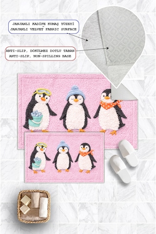 Penguen Desenli Dijital Baskılı Yıkanabilir 2li Banyo Paspası 50x60-60x100 Pembe