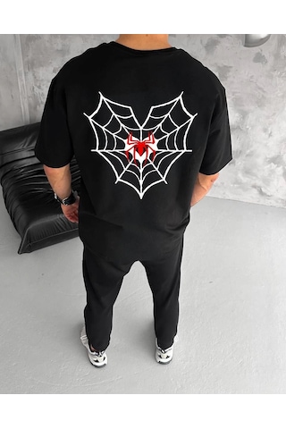 Novalisse Erkek Kısa Kol Tişört Bisiklet Yaka Örümcek Baskılı Oversize T-shirt - Siyah Çoklu Renk