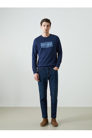 Lcwaıkıkı Classic Lacivert Bisiklet Yaka Uzun Kollu Baskılı Erkek Sweatshirt