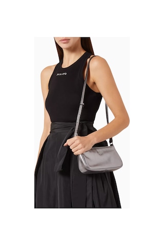 Pinko Mini Half Moon Lamineli Süet Gümüş Lüks Baguette Çanta, Şık Ve Çok Yönlü Omuz Çantası