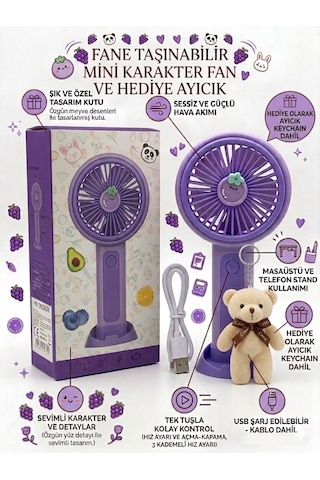 Taşınabilir Mini Fan Peluş Ayıcık Hediyeli Telefon Standlı Masaüstü Fan