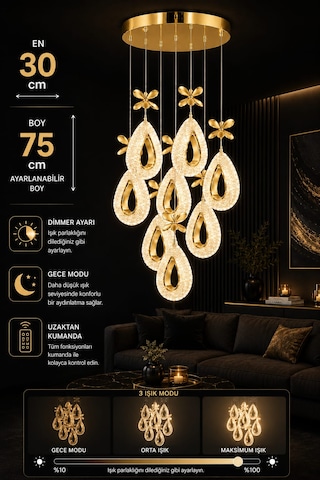 Yagmur 8li Gold Avize 3 Renk Led Isıklı Kumandalı Salon Avize Oturma Odası Avize