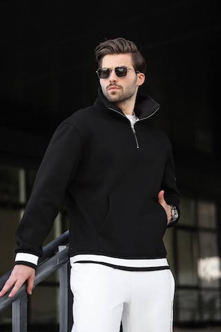 Madmext Siyah Fermuarlı Dik Yaka Kanguru Cep Erkek Sweatshirt E7159 Siyah