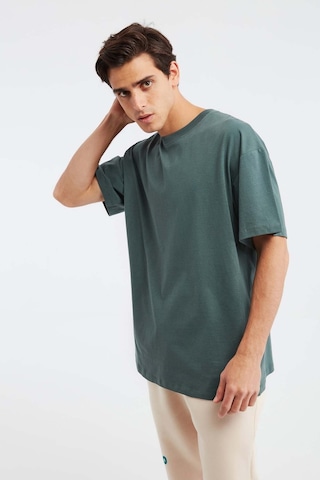 Grimelange Jett Erkek Oversize Fit %100 Organik Pamuk Kalın Dokulu Bisiklet Yakalı Koyu Yeşil T-shirt Koyu Yeşil