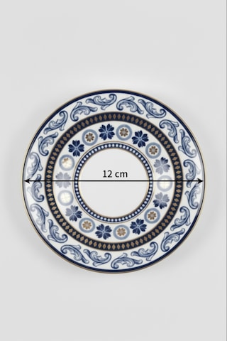 6 Kişilik Mavi Lacivert Çiçek Desen Yaldızlı Çay Tabağı 12cm Beyaz