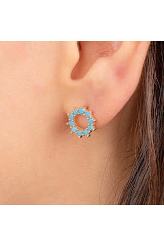 Altın Küpe - 14 Ayar Altın Yuvarlak Firuze Turkuaz Taşlı Küpe Sarı