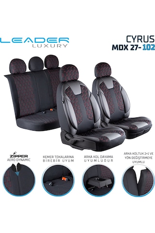 Kia Sportage Uyumlu Deri Detaylı Oto Koltuk Kılıfı Ön Arka Takım Cyrus Siyah Kırmızı