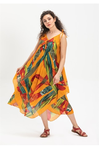 Askılı Vual Afrodit Midi Boy Elbise Hardal 6150