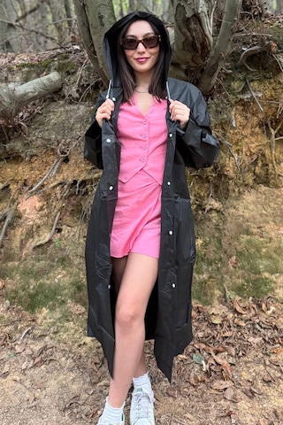 Mollycrush Unisex Su Rüzgar Geçirmez Katlanabilir Kapüşonlu Çıtçıt Düğmeli Eva Siyah Yağmurluk Siyah