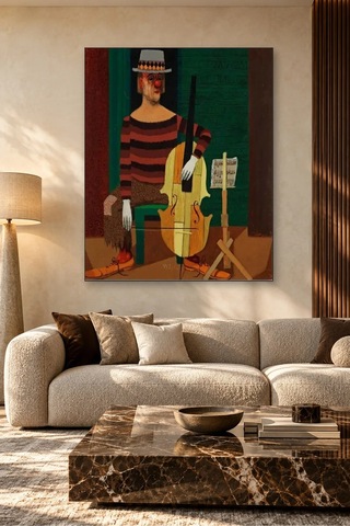 Fida Pelle Aberg Çello Çalan Şapkalı Palyaço Canvas Tablo Çok Renkli