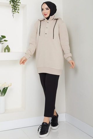 Esilanur Çıkarılabilir Kapüşonlu 3 İplik Şardonlu Sweatshirt Bej