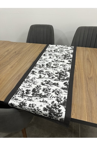 Toile De Jouy Monet Runner 40x110 Cm %100 Pamuk Dijital Baskılı Masa Örtüsü Country Tarzı Fransız Desen Masa Dekoru - Zt710 Siyah