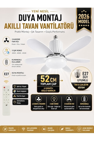 Tavan Vantilatör Kumandalı Sessiz 6 Kanatlı Işıklı E27 Duy Modern Led Aydınlatma Yeni Nesil