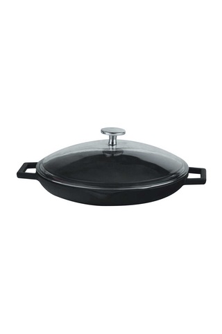 Lava Döküm Demir Çift Metal Kulplu Cam Kapaklı 26 CM Kızartma Tav