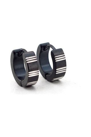 Siyah Renk Çizgili Halka Çelik Erkek Küpe E403