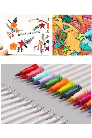 Fineliner Kalem Çift Yönlü 24 Renk 1 Paket Fırça Uç ve Fineliner Brushpen 24'Lü Keçe Uçlu Kalem Kalın İnce Keçeli Kalem