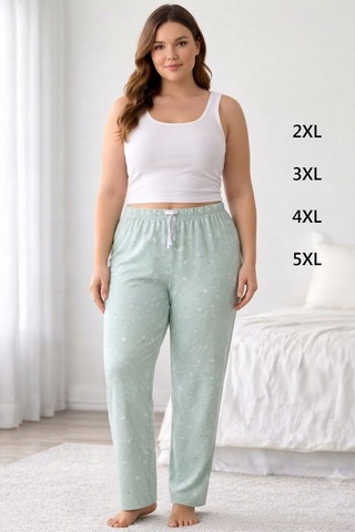 Viskon Pamuklu Kadın Büyük Beden Açık Gri Desenli Pijama Pantolon - Mgb008 - Mudanis
