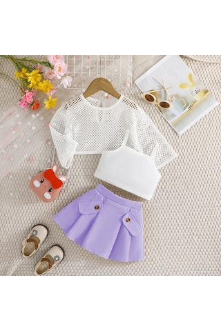 Mor Çocuk Giyim Kız Setleri Oymak Üst + Cami Üst + Haki Etekler 3 Adet Yaz Takım Elbise Setleri Kızlar Için 12M-6Y Çocuk Giysileri 12M-6Y Mor