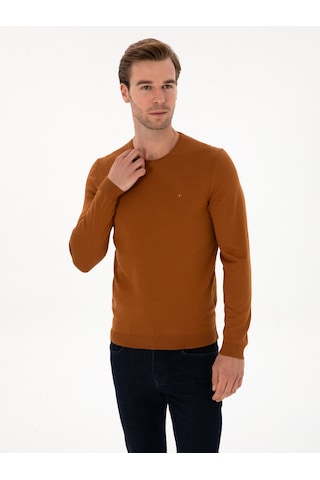 Cacharel Karamel Slim Fit Yün Karışımlı Bisiklet Yaka Basic Triko Kazak Kahverengi