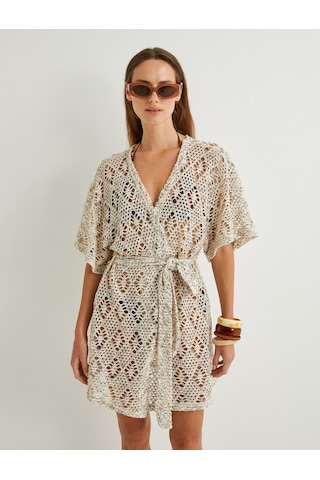 Koton Koton X Şahika Ercümen - Kroşe Kimono Dirsek Boy Kısa Kollu Kemerli Kahverengi Desenli 4sak50690ek Kahverengi