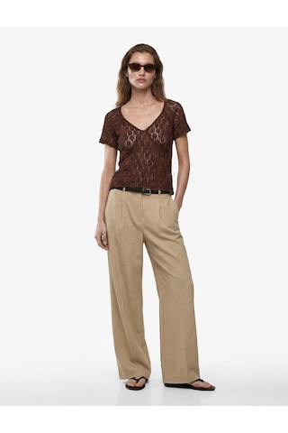 Koton Slim Fit Yarı Transparan Kısa Kollu V Yaka Dantel Tişört Kahverengi 6sak50395ek Kahve