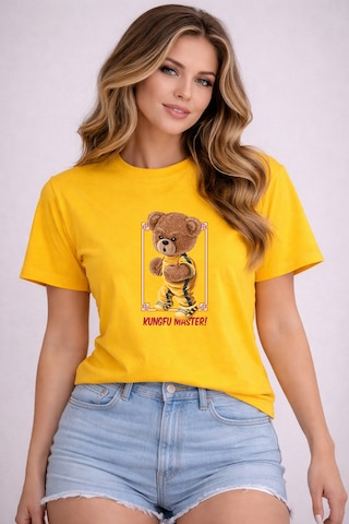 Herkesemoda Kungfu Master Baskı Detaylı Basic T-shirt Sarı